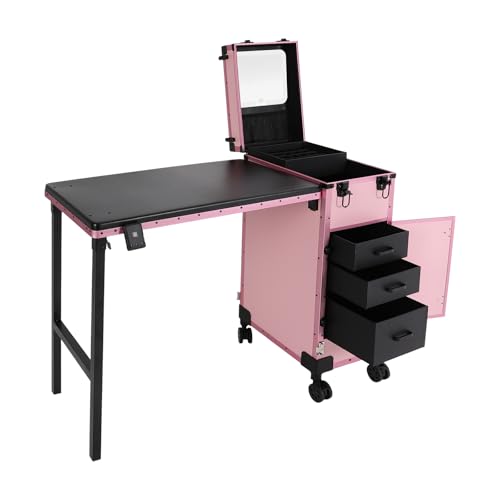 Professional Rolling Makeup Case, Foldable Nail Tables, Portable Manicure Table with 3 Drawers & LED Mirror, Trolley Storage Organizer, Pink Lockable Nail Table, Artist Travel Organizer - color: Pink 3 Drawers