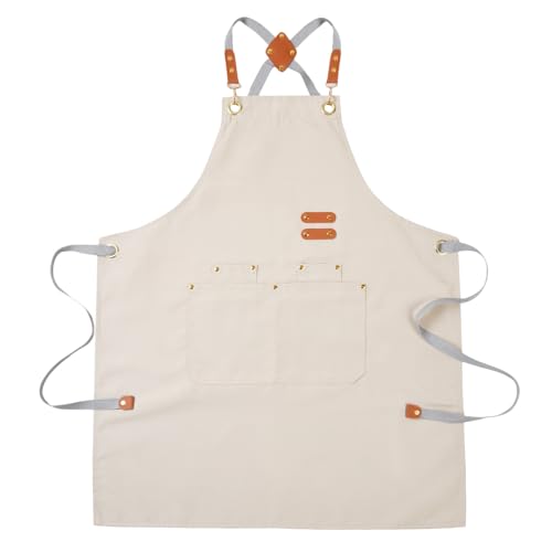 Aoomzoon Durable Kitchen Apron,Multifunctional Chef Aprons for Women & Men with Pockets for Cooking Baking & Daily Use - color: Beige