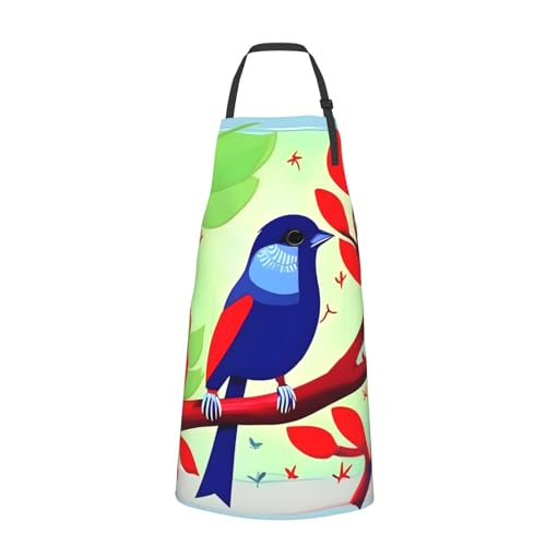 Round watercolor painting Heavy Duty Waterproof Apron with Pockets for AdultsResistant Grilling, Gardening, Painting - color: Red Leaf Bird