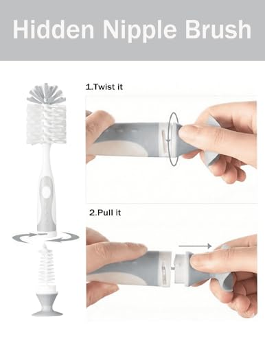 Baby Bottle Brush Set 4 in 1, Baby Bottle Cleaner, with 1P Nylon Bottle Brush, 1P Bottle Cap Brushes, 2P Straw Brushes, Bottle Brush with Nipple Cleaner and Suction Cup, BPA-Free(Grey) - color: Grey-nylon Brush