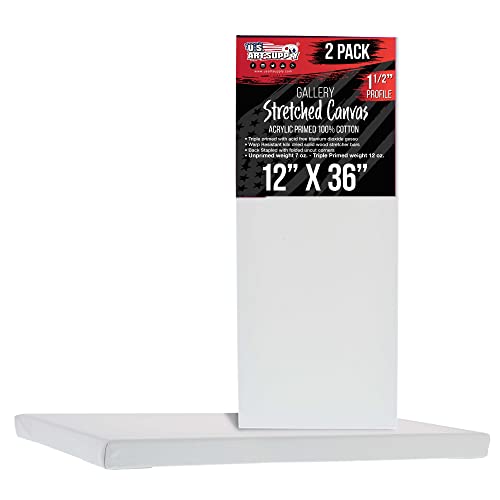 U.S. Art Supply Medium Stretched Canvas for Painting 12x36 inch Gallery Depth 1-1/2" Thick, 2-Pack - 12oz Acrylic Gesso Triple Primed, Professional Artist Quality, 100% Cotton - Oil, Pouring Paint - size: 12" x 36"