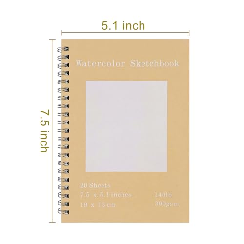 Set of 2, Each with 20 Sheets, 7.5 x 5.1 Inches, 140 lb Cold Press Watercolor Paper, 1150 GSM Brown Hard Cover, Spiral Bound, White Pages for Drawing and Painting