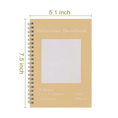 Set of 2, Each with 20 Sheets, 7.5 x 5.1 Inches, 140 lb Cold Press Watercolor Paper, 1150 GSM Brown Hard Cover, Spiral Bound, White Pages for Drawing and Painting