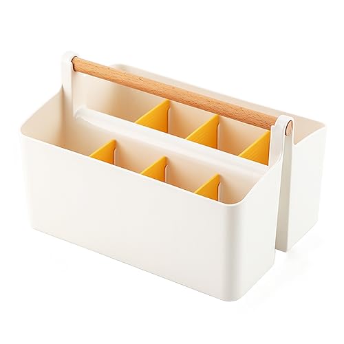 Art Caddy Organizer with Handle, Marker Organizer, Art Supply Storage Organizer with Adjustable Dividers, Portable Storage Bin for Craft Supplies Colored Pencils Makeups Tools Pen Holder for Desk - color: Yellow Divider