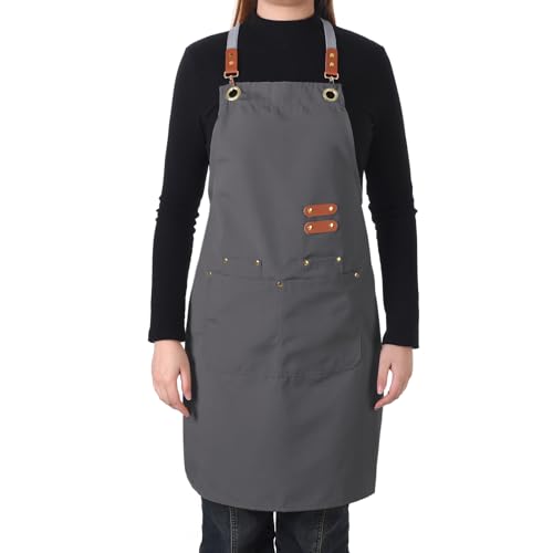 Aoomzoon Durable Kitchen Apron,Multifunctional Chef Aprons for Women & Men with Pockets for Cooking Baking & Daily Use - color: Grey