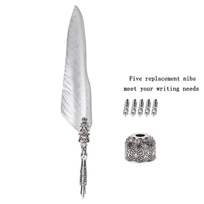 Hakeeta Quill Pen Set, Vintage Fountain Pen, Quill Dip Pen, of Feathers, Unique, for Festival Present, Birthday Gift, with +Pen Nib+Pen Holder(silver 2)