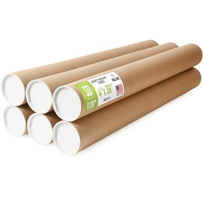 4" x 36" Reinforced Kraft Paper Mailing Tube, Pack of 6 Tubes with 12 Caps – Secure USPS Approved Poster Tube – Made in USA Cardboard Tube for Shipping and Storing Posters, Prints, Artwork - size: 4" x 36", style: Standard Duty