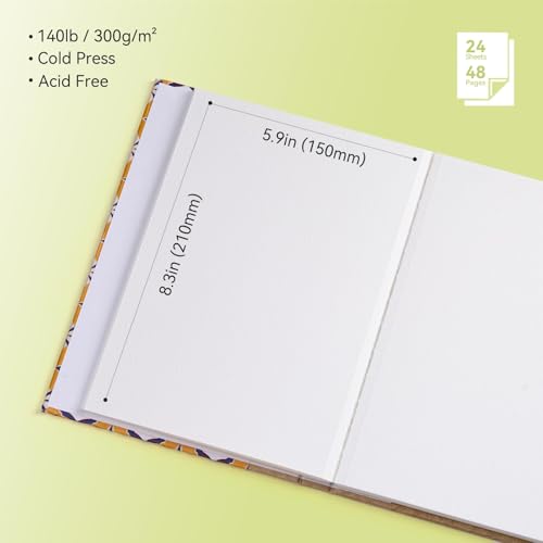 Arrtx Watercolor Sketchbook, A5 8.3 x 5.9 Inch 100% Cotton Cold Press, 300gsm/140lb, Acid-Free, Double-Sided Textured Surface, 24 Sheets for Painting, Sketching & Mixed Media - size: 8.3 x 5.9 inch