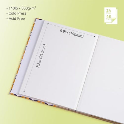 Arrtx Watercolor Sketchbook, A5 8.3 x 5.9 Inch 100% Cotton Cold Press, 300gsm/140lb, Acid-Free, Double-Sided Textured Surface, 24 Sheets for Painting, Sketching & Mixed Media - size: 8.3 x 5.9 inch