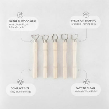 Wooden Pottery Trimming Tools, 5-Piece Sculpting Set for Clay Shaping and Detailing, Handheld Carving Kit for Wheel Throwing and Hand Building (Set of 5) - color: Brown