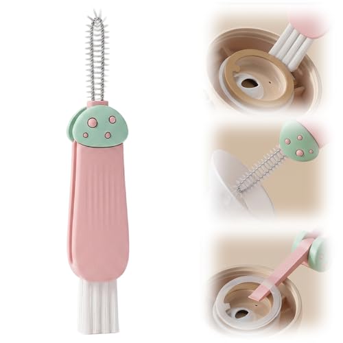3 in 1 Cup Lid Cleaning Brush, Multi Purpose Cup Lid Gap Cleaner Brush with Hanging Hole, Soft Hard Bristle Cleaning Tool for Water Bottle Kettle Pacifier Home Kitchen Deep Cleaning (Pink) - color: Pink