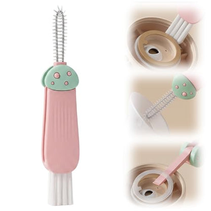3 in 1 Cup Lid Cleaning Brush, Multi Purpose Cup Lid Gap Cleaner Brush with Hanging Hole, Soft Hard Bristle Cleaning Tool for Water Bottle Kettle Pacifier Home Kitchen Deep Cleaning (Pink) - color: Pink