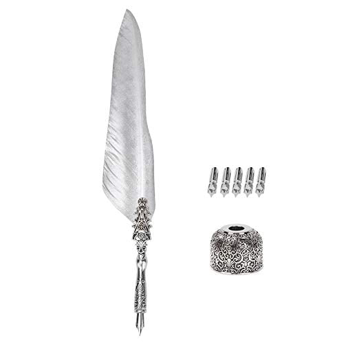 Hakeeta Quill Pen Set, Vintage Fountain Pen, Quill Dip Pen, of Feathers, Unique, for Festival Present, Birthday Gift, with +Pen Nib+Pen Holder(silver 2)