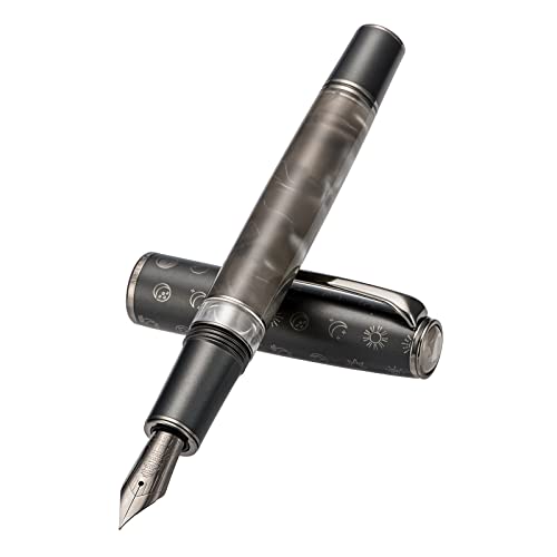 Hongdian N7 Gray Rabbit Resin Piston Fountain Pen, Iridium Long Blade Fine Nib Classic Pen, Smooth Writing Pen with Metal Box - color: Gray-N7, style: Long Blade Point
