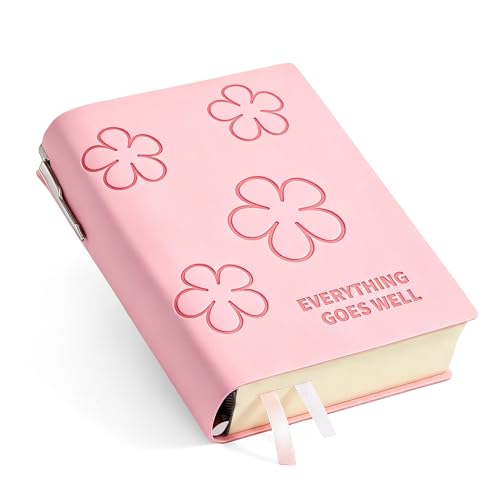 Thick Blank Journal Notebook 400 page With Pen Holder 100gsm Thick Paper，A6 Unlined Plain Sketchbook ， Small Soft Leather Unlined Pocket Blank Notebook For Women Drawing Book Memo Writing Sketch Travel Diary 3.9 × 5.5(Everything Goes Well) - color: Pink-E