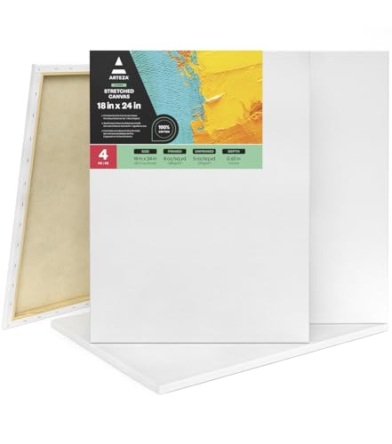 ARTEZA Classic Stretched Canvas for Painting, 18 x 24 in, Pack of 4, Pre-Primed White Canvases for Acrylic, Oil, Gouache, Tempera, and Mixed Media - color: White - Classic, size: 18 x 24 (Pack of 4)