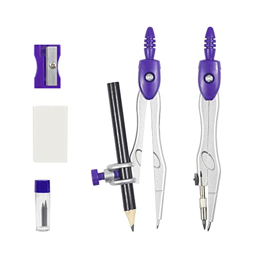 Unjoo Math Geometry Kit Sets 10 Piece Student Supplies with Shatterproof Storage Box,Includes Rulers,Protractor,Compass,Eraser,Pencil Sharpener,Lead Refills,Pencil,for Drafting and Drawings（Purple） - color: Purple