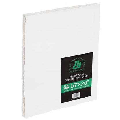New York Central Handmade Watercolor Paper - 300lb, 16"X20" - 5 Packs of 5, 25 Total Sheets, Acid-Free 100% Cotton Rag, Cold Press, 4 Deckled Edges, Minimally Sized, Mixed Media Paper - size: 16X20"
