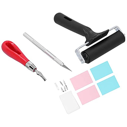 SUNGOOYUE Rubber Stamp Carving Kit PVC Printmaking Set with 4 Rubber Blocks 6 Blades Iron Roller and Vegetable Parchment for DIY Handmade Stamps Artists Beginners