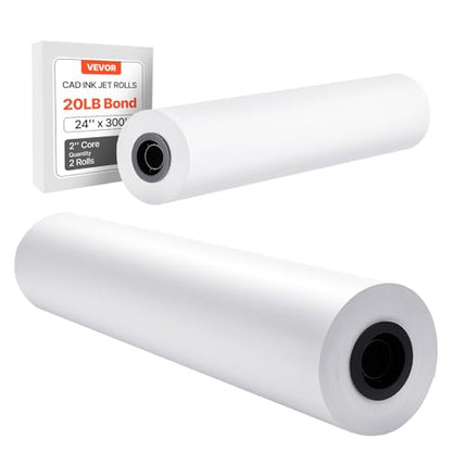 VEVOR Wide Format Paper, 24 in x 300 ft Plotter Roll, 2 Rolls CAD Bond Rolls with 2 in Core, 20 LB Bond Paper Rolls, Ideal for CAD Drawings, Engineering Plans, GIS Maps, and Architectural Designs - size: 24 in x 300 ft, style: 2 Rolls