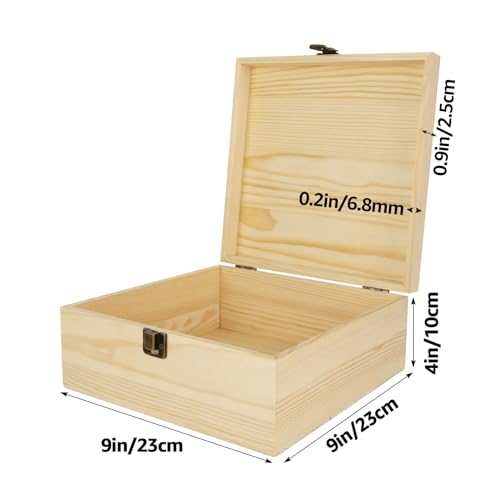 DAJAVE Unfinished Wooden Box, Wooden Storage Box with Hinged Lid, 9x9x4 Inch Pine Wood Box DIY Craft Stash Boxes for Arts Hobbies, DIY, Home Storage