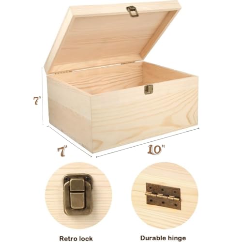 Unfinished Wooden Box 10x7x7 Inch with Hinged Lid & Clasp, Natural Pine Craft Storage Box for DIY Painting, Stain & Wood Burning, Includes 10 Paint Brushes