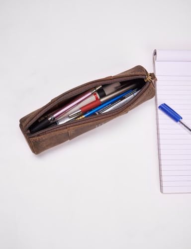 Leather Pencil Case -100% Leather Zippered Pen Pouch - Stationery Bag Pen Holder for Work & Office (Brown) - color: Brown