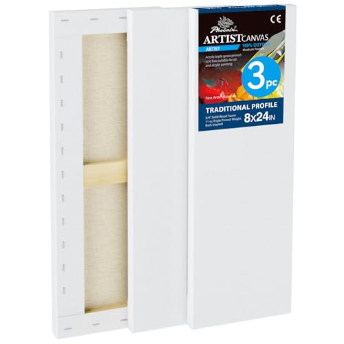 PHOENIX 8x24 Inch 3 Pack Artist Canvas - Long Skinny Stretched Canvases for Painting - 3/4 Inch Profile, 100% Cotton 11 Oz. Gesso Primed White Blank Professional Canvas Oil & Acrylic Paints - size: 8"x24", style: Traditional