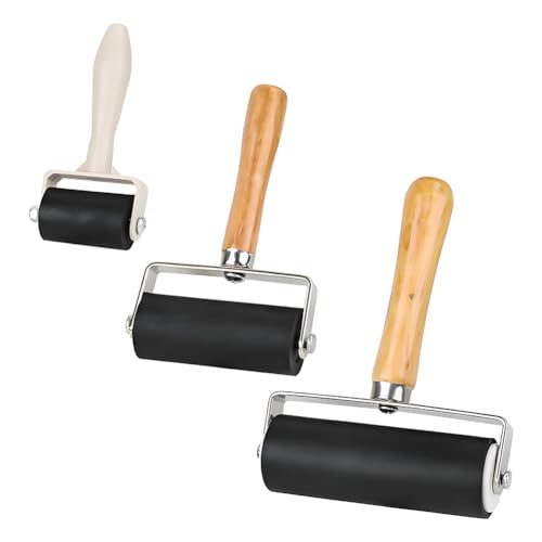 Glomora 3 Pack Rubber Brayer Roller,1.4/2.4/4 Inch Hard Rubber Brayer Rollers,Art Craft Roller for Printmaking,Ink,Wallpapers Stamping Gluing