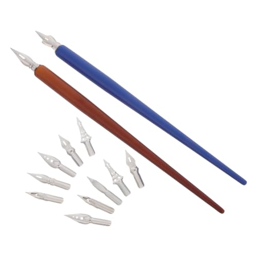 Homoyoyo 2 Sets Calligraphy Dip Pen Set with Wooden Nib Holder and Replaceable Stainless Steel Oblique Nibs, Balanced Grip for Extended Use, for Illustration and Comic Drawing