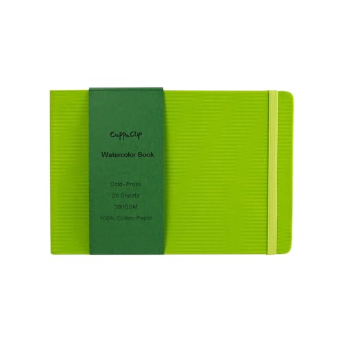 CuppaClip Watercolor Paper Cotton Cold Press with Inner Pocket Watercolor Sketchbook Journal As Travel Notebook 300 GSM 140 LB (Green-Cold Press, 8.26x5.82in) - color: Green-Cold Press, size: 8.26x5.82in