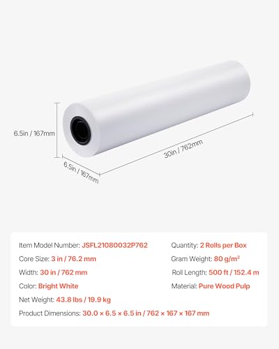 VEVOR Wide Format Paper, 30 in x 500 ft Plotter Roll, 2 Rolls CAD Bond Rolls with 3 in Core, 20 LB Bond Paper Rolls, Ideal for CAD Drawings, Engineering Plans, GIS Maps, and Architectural Designs - size: 30 in x 500 ft, style: 2 Rolls