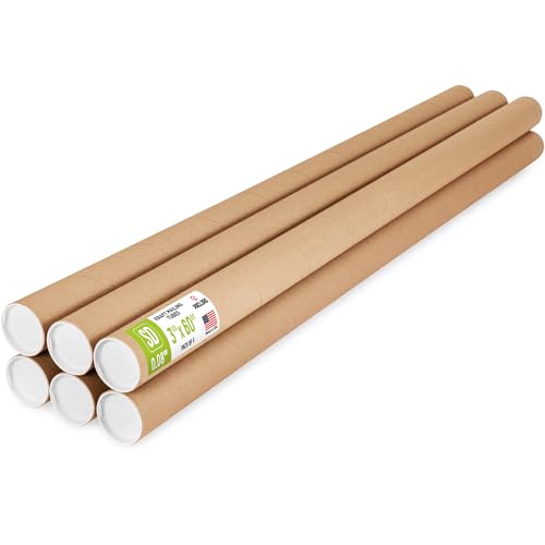3" x 60" Reinforced Kraft Paper Mailing Tube, Pack of 6 Tubes with 12 Caps – Secure USPS Approved Poster Tube – Cardboard Tube for Shipping and Storing Posters, Prints, Artwork, or Documents - color: Standard-Duty, size: 3" x 60"