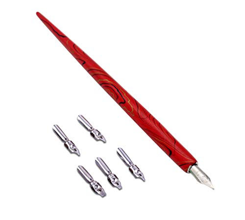 Wooden Calligraphy Dip Pen, Wood English Calligraphy Pen Copperplate Script Oblique Dip Pen Holder with 5 Different Nibs, Red - color: Red + 5Nib