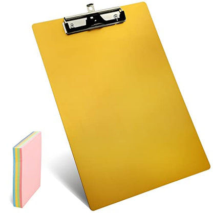 Aluminum Metal Clipboard Stainless Hangable Pen Holder Low-Profile Clip Board Size A4 9" x 12.6" with Sticky Note for School Office Business Medical Professionals Workshop Factory (Gold, Aluminum-A4) - style: Gold