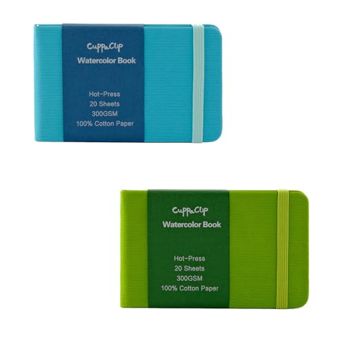 CuppaClip Watercolor Paper Cotton Hot-Pressed with Inner Pocket Watercolor Sketchbook Journal As Travel Notebook 300 GSM 140 LB (Blue+Green, 5.82x3.74in) - color: Blue+Green, size: 5.82x3.74in