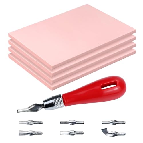 4 Pack Rubber Carving Blocks 4x6 Inch with Lino Cutter Tool Set, Soft Rubber Stamp Making Kit for Block Printing, Linoleum Blocks for Printmaking and DIY Stamp Crafts, Pink