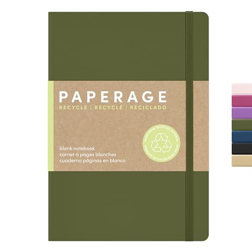 PAPERAGE Recycled Blank Journal Notebook, (Olive), 160 Pages, Medium 5.6 in x 8 in - 100 GSM Thick Paper – Hardcover Journaling Notebook for Work, School, Note Taking or Sketching - color: Olive, size: Plain
