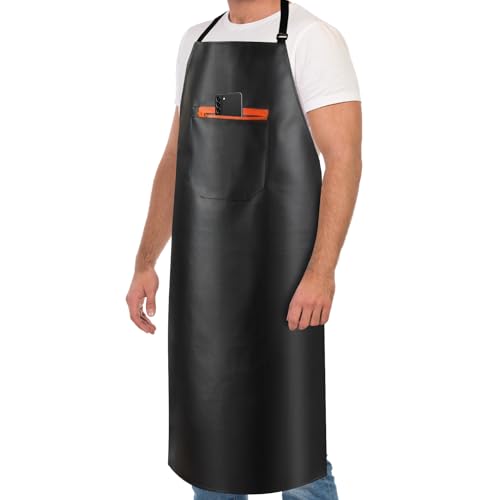 Waterproof Apron, Heavy Duty Extra Long Rubber Vinyl Aprons with Pocket for Men, Adjustable Dishwasher Chemical Resistant Aprons for Dishwashing, Cooking, Butcher, Lab, Gardening