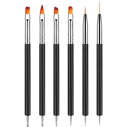 6 pcs Nail Art Brush Set,Double Ended Fine Nail Liner Brush Dotting Pen Painting Tools with Nail Extension Gel Brush, Builder Gel Brush, Nail Art Liner Brush, Nail Dotting Pen for DIY Manicure, Black