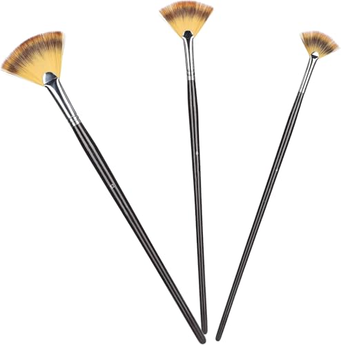 3pcs Fan Shape Painting Brushes,Soft Anti-Shedding Artist Long Hands Painting Brushes Nylon Hair Watercolor Paint Brush Set with Wooden Handle