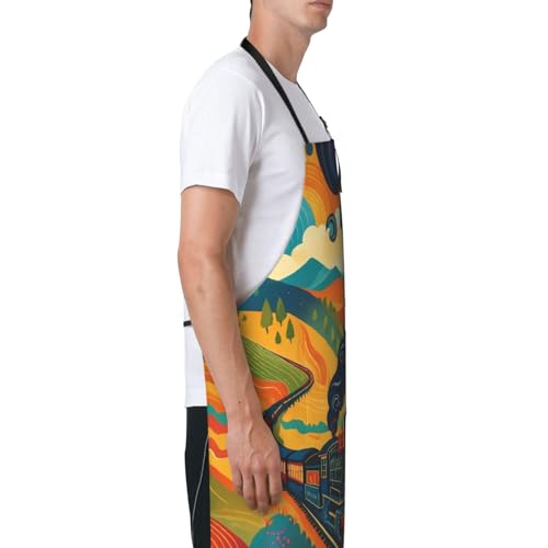 KKdskkds Tribal Boho Geometric Multi-Purpose Adjustable Waterproof Apron With Pocket For Men Women - color: Train Passing Through Colorful Fields