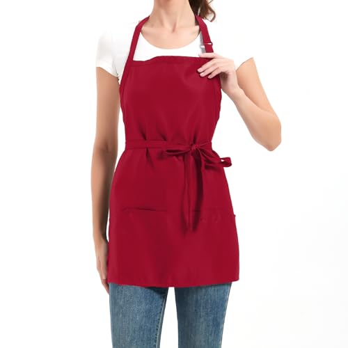 Aprons for Women with 3 Pockets, Cooking Apron with Waterproof Coating, Chef Apron Adjustable Neck Strap - color: Red