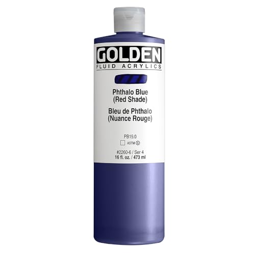 GOLDEN Fluid Acrylics, Phthalo Blue (Red Shade), 16 fl. oz. Bottle, Professional Acrylic Paint, Transparent