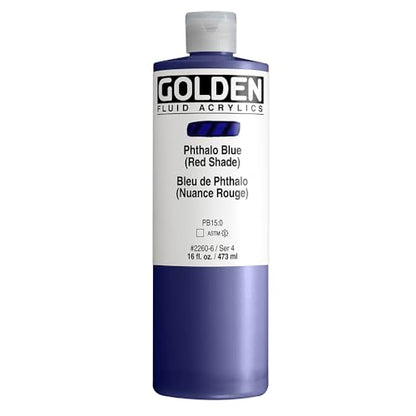 GOLDEN Fluid Acrylics, Phthalo Blue (Red Shade), 16 fl. oz. Bottle, Professional Acrylic Paint, Transparent