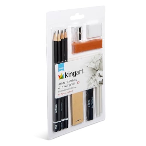 KINGART 13-Piece Sketching & Drawing Set – Complete Artist Kit with Graphite, Charcoal & Pastel Pencils, Blending Tools & Eraser in Portable Case – Art Supplies for Beginners & Professional Artists