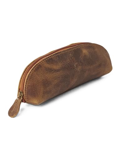 Leather Pencil Case -100% Leather Zippered Pen Pouch - Stationery Bag Pen Holder for Work & Office (Antique Brown 1) - color: Antique Brown 1