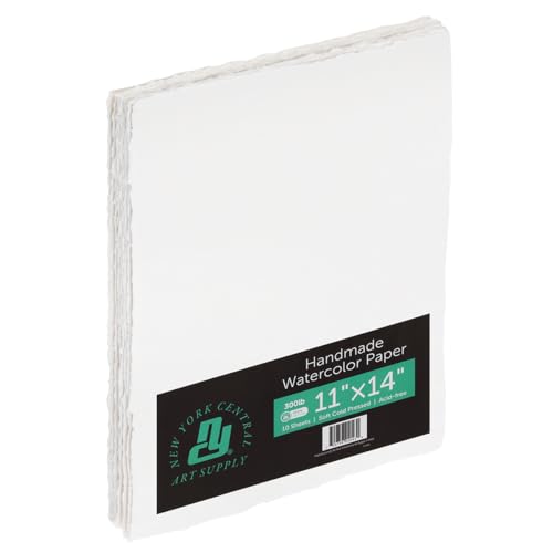 New York Central Handmade Watercolor Paper - 300lb, 11"X14" - 5 Packs of 5, 25 Total Sheets, Acid-Free 100% Cotton Rag, Cold Press, 4 Deckled Edges, Minimally Sized, Mixed Media Paper - size: 11X14"