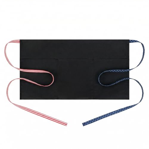 BOHARERS 3-Pocket Waist Apron With American Flag Print Straps - Black Waitress Waiter Server Short Aprons - color: A2-1 Pack American Flag Print Straps