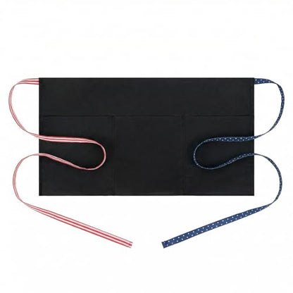 BOHARERS 3-Pocket Waist Apron With American Flag Print Straps - Black Waitress Waiter Server Short Aprons - color: A2-1 Pack American Flag Print Straps